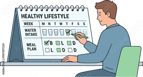 Man sitting at desk planning healthy lifestyle with calendar