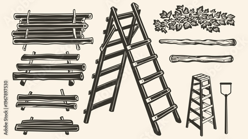 Rustic monochrome illustration of ladders, wood stacks, branches, and a hand tool