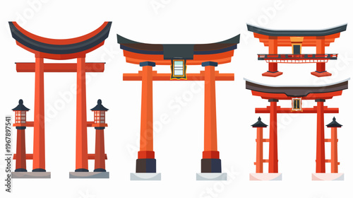 Four stylized orange torii gates, each with varying architectural styles, on a white ground