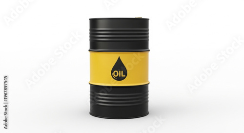 Black Oil Barrel with Yellow Label and Oil Drop Symbol.