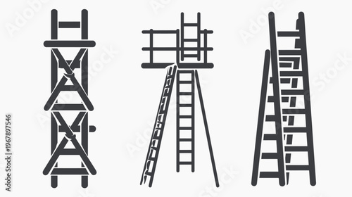 Three dark gray scaffolds, ladder variations isolated on a white background