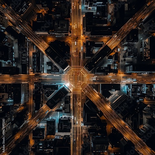 Modern city skyline at night with illuminated glass building reflections