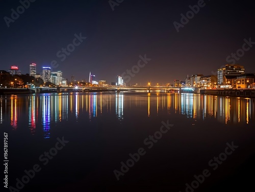 night city skyline with illuminated buildings reflecting on calm water