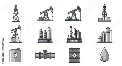Oil Industry Icons - Rigs, Refineries, Storage, and Infrastructure.