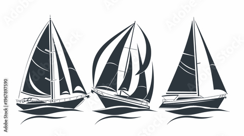 Three stylized sailboats silhouetted on water, sailing across the ocean's surface