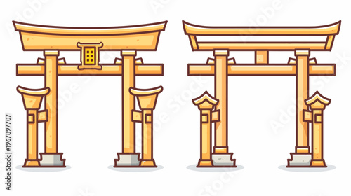 Cartoon illustration of two golden Torii gates with different design elements