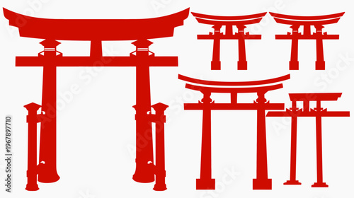Red silhouette of several Torii gates, varying in size and detailed elements