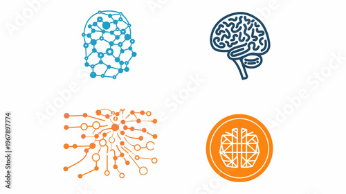 Four abstract icons represent brain function, connection, and networks, in simple shapes