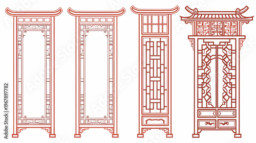 Four elaborate, outlined brown Asian cabinet designs on a plain white background