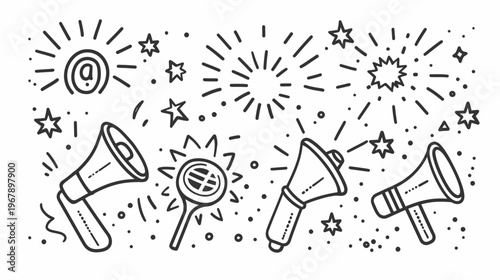 Line-art illustration featuring megaphones, stars, bursts, and a tennis racket doodle
