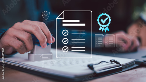 Quadro su tela Auditor approving certified documents with checklist verification, compliance review, quality assurance, secure records, validation control, documentation management, and trusted signoff workflow