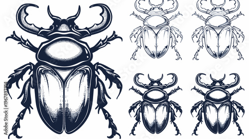 Digital artwork of stylized horned beetle drawings, some shaded, some outlined