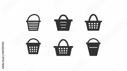 Six simple icons of baskets, each with a rounded handle, on a white background