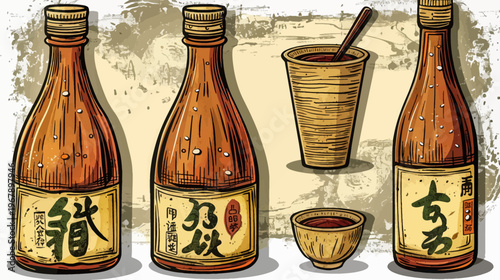 Hand-drawn illustration of two sake bottles and two cups on a textured background
