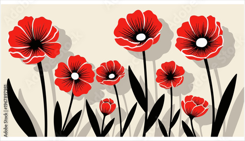 Minimalist red floral pattern with black stems and soft shadows on beige background