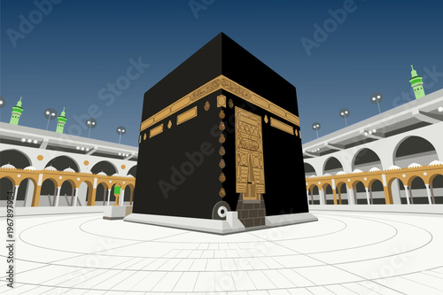 Beautiful Illustration of Kaaba in Mecca Islamic Holy Mosque Scene