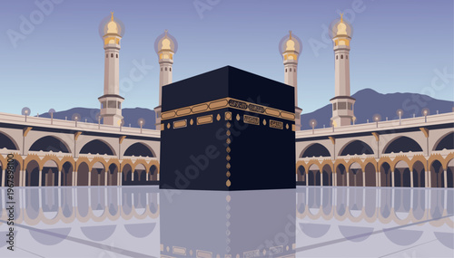 Kaaba Reflection Scene In Mosque Courtyard Night Illustration