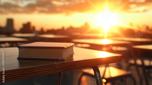 Book on Classroom Desk with Sunset Background and City Skyline in the Distance