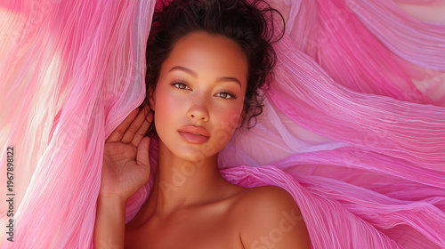 Ethereal Beauty Portrait with Flowing Pink Fabric and Natural Radiance in Soft Lighting