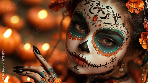 Beautiful woman with vibrant makeup and floral decorations celebrating Día de los Muertos in a festive, colorful atmosphere