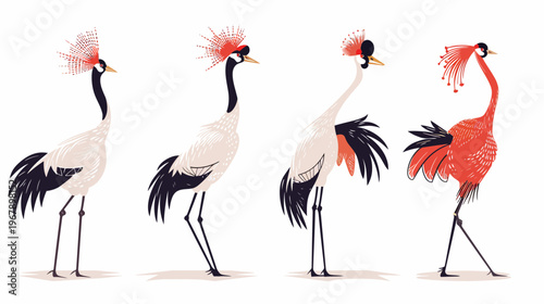 Four stylized, standing crowned crane birds in a side view, with different colorations