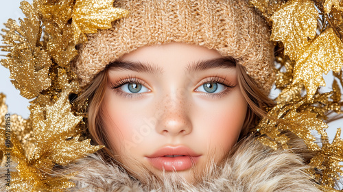 Beautiful young woman with sparkling gold leaves and cozy knit hat in a winter-themed portrait