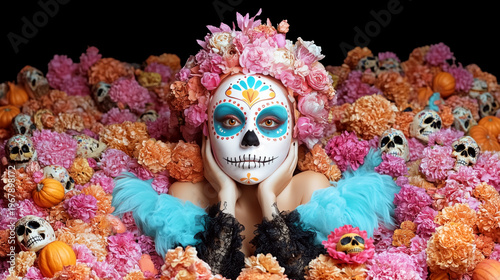 Woman with Floral Headdress and Sugar Skull Makeup Surrounded by Colorful Flowers and Decorative Skulls