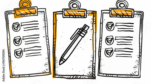 Three clipboards. Two with checklists and one with a pen. Hand drawn style with orange accent
