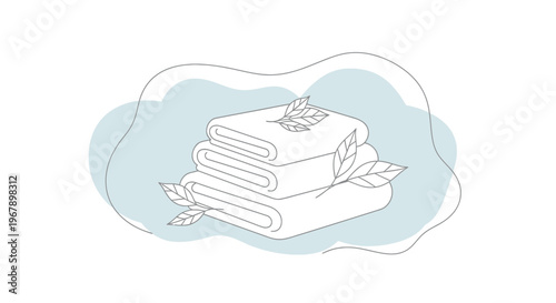 Minimalist Vector Illustration of a Stack of Folded Soft Towels with Organic Leaves for Spa, Wellness, and Laundry Service