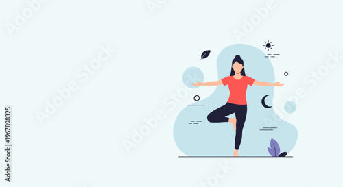 Young Woman Practicing Yoga Tree Pose for Mindfulness, Wellness and Inner Balance Flat Vector Illustration