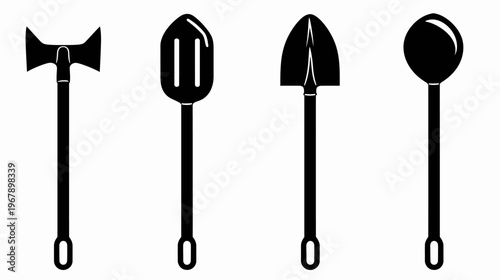Line art illustration showing axe, grill spatula, shovel, and soup ladle on white