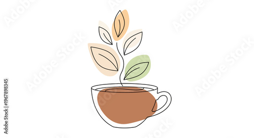 Minimalist continuous line art illustration of a hot tea cup with organic leaves steam, herbal beverage and wellness concept isolated on white background