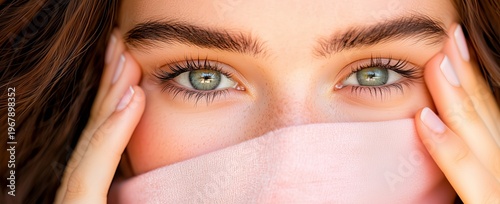 Close-Up of Young Woman with Stunning Green Eyes and Light Pink Scarf Covering Face Against Soft Background