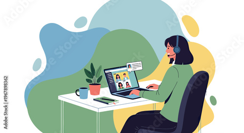 Woman Wearing Headset Having a Video Conference Meeting on Laptop at Home Office Desk