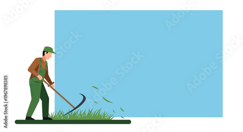 Male Gardener Mowing Long Grass with a Traditional Scythe Manual Tool, Agriculture and Garden Maintenance Vector Illustration