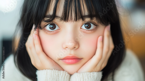 Close-up Portrait of Young Girl with Big Eyes and Soft Expression, Capturing Emotions and Innocence in Natural Light
