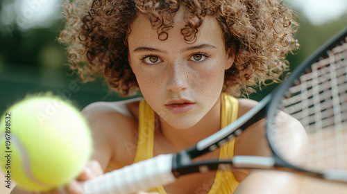 Young Female Tennis Player Preparing to Strike a Tennis Ball on Clay Court with Intense Focus and Determination