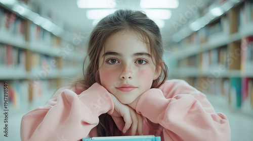 Thoughtful girl in library setting with books, introspective expression, warm lighting and soft focus background, educational environment