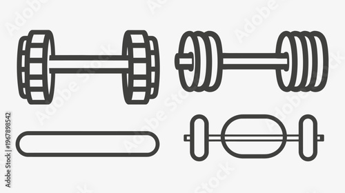 Four simplified dumbbell and exercise bar outline icons on a light gray background