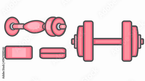 Cartoon style fitness equipment including roller, bands, and weights, isolated on white