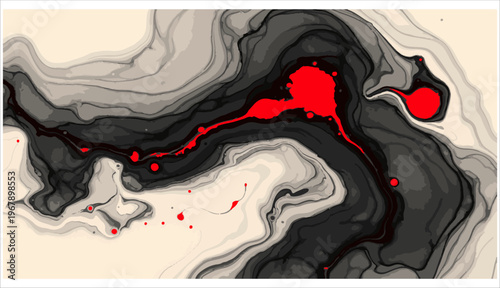 Dark ink wash abstract background with vibrant red liquid droplets and smoke effects