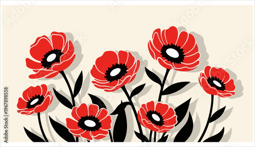 Stylized red flowers with black stems and soft shadows on cream background