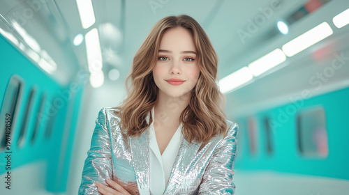 Confident Young Woman in Shiny Silver Blazer Posing Inside Modern Train Interior