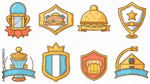 Collection of stylized emblems with trophy, food, shield, and house illustrations
