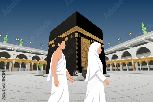 Muslim Couple Walking Around Kaaba Tawaf Ritual Illustration