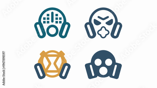 Four varied gas masks, teal, gold, and navy, minimalist flat design on white background