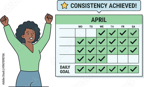 Woman celebrates achieving daily goals in April with a chart