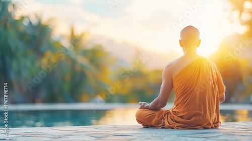 Serene Monk Meditating by Tranquil Water at Sunset with Natural Surroundings and Soft Light