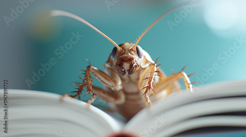 Close-Up of a Cockroach on Open Book Page with Soft Focus Background in Bright Indoor Setting