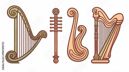 Four cartoon instruments two harps, a lyre, and a similar stringed instrument